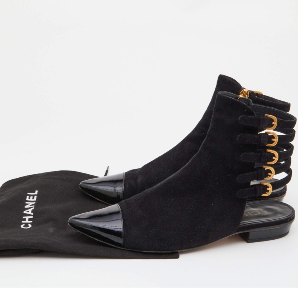 Chanel black suede and Patent leather strappy ankle boots size